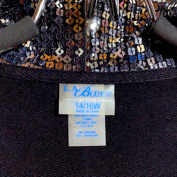 VTG 90s L.A.BLUES ‘Active’ Black Silver Sequin Hoodie Jacket with Pockets - Picture 2 of 7